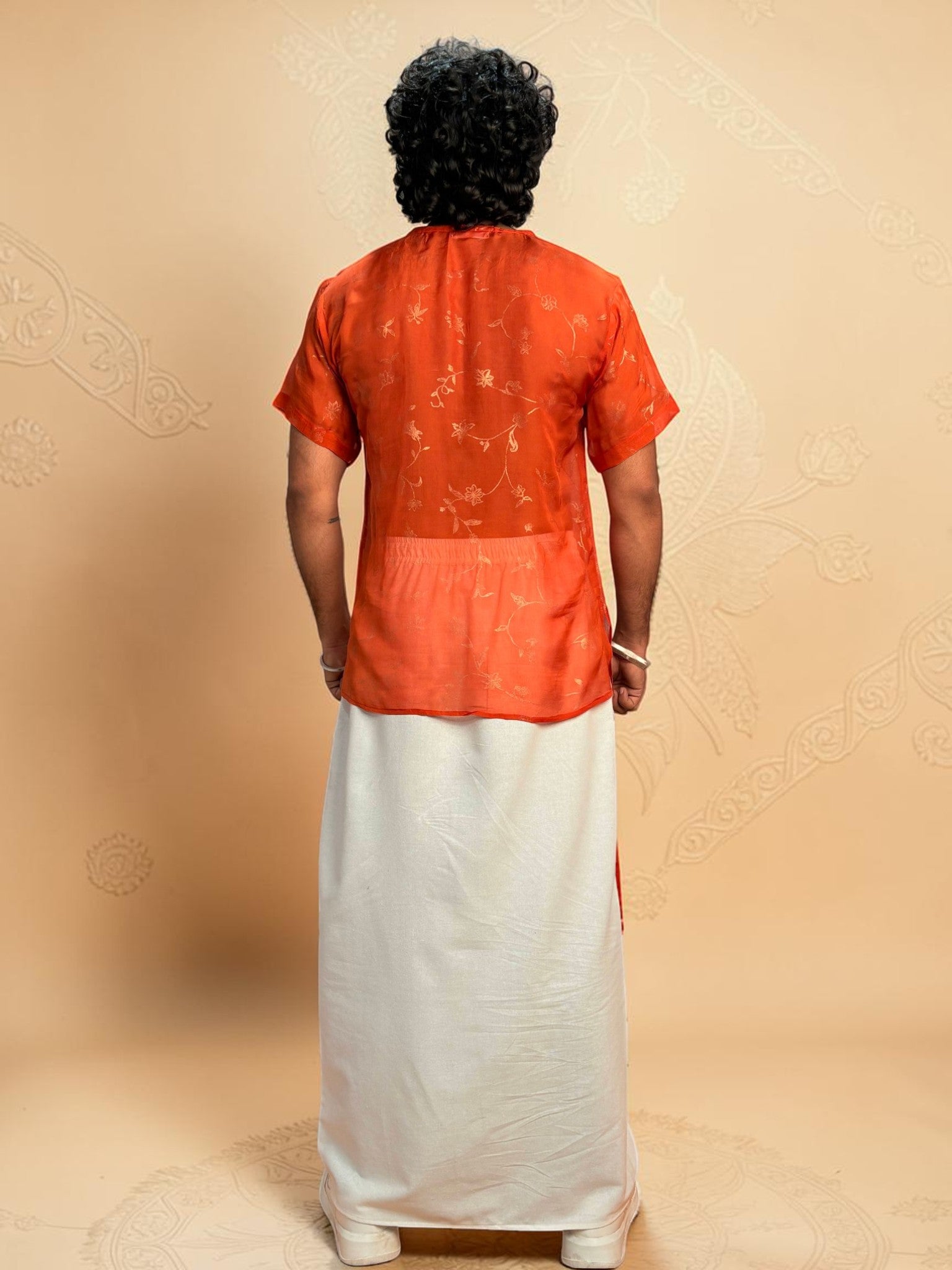 Men Orange Colour Viscose Organza Foil Print Kurta