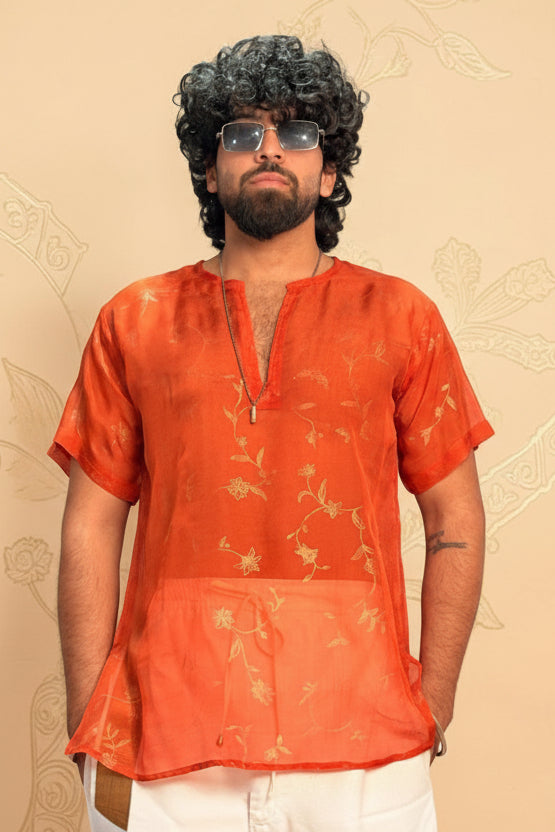 Men Orange Colour Viscose Organza Foil Print Kurta