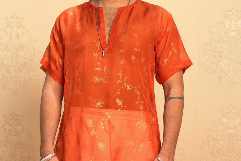 Men Orange Colour Viscose Organza Foil Print Kurta
