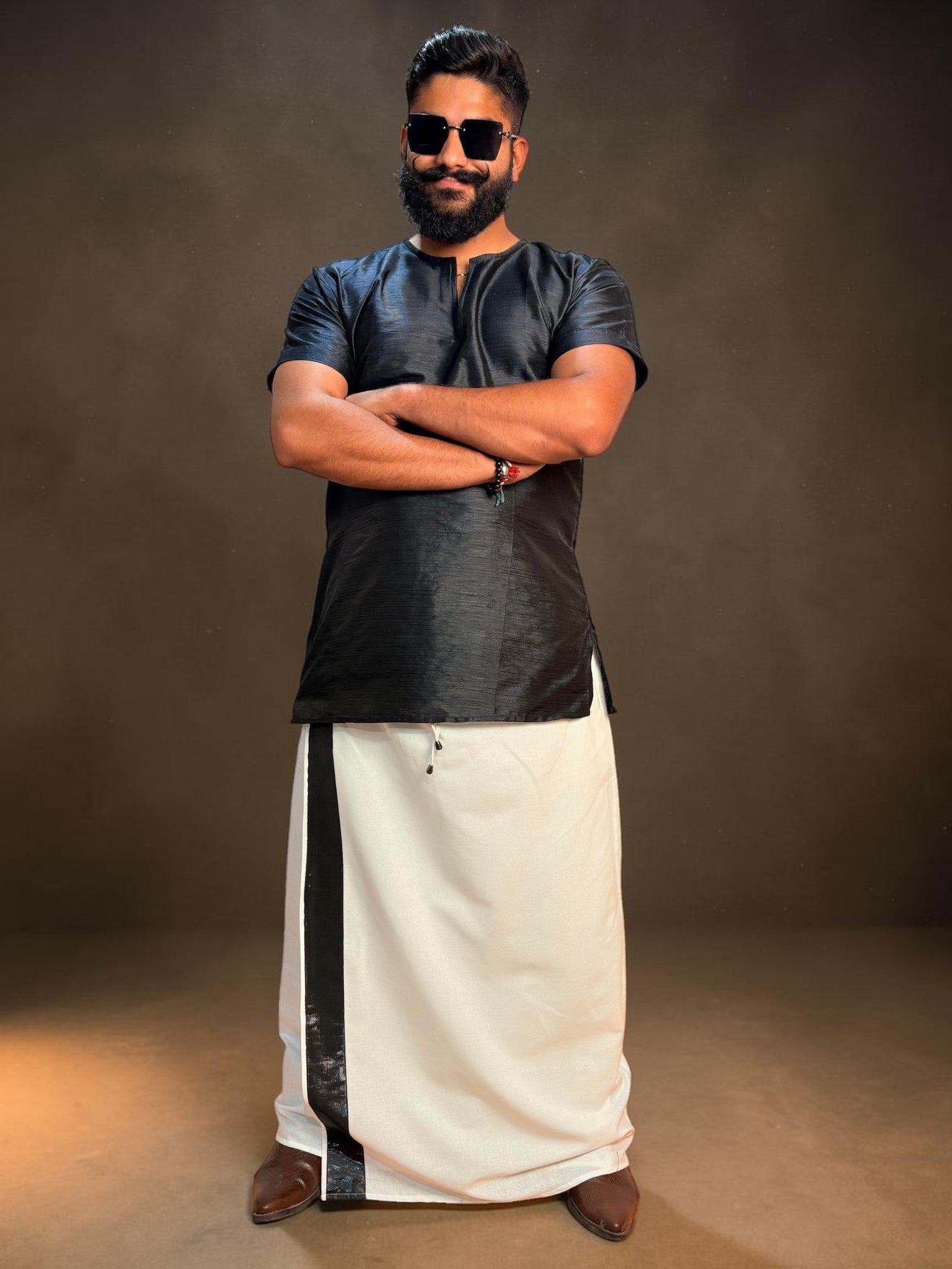 Men Black Colour Mulberry Silk Kurta.