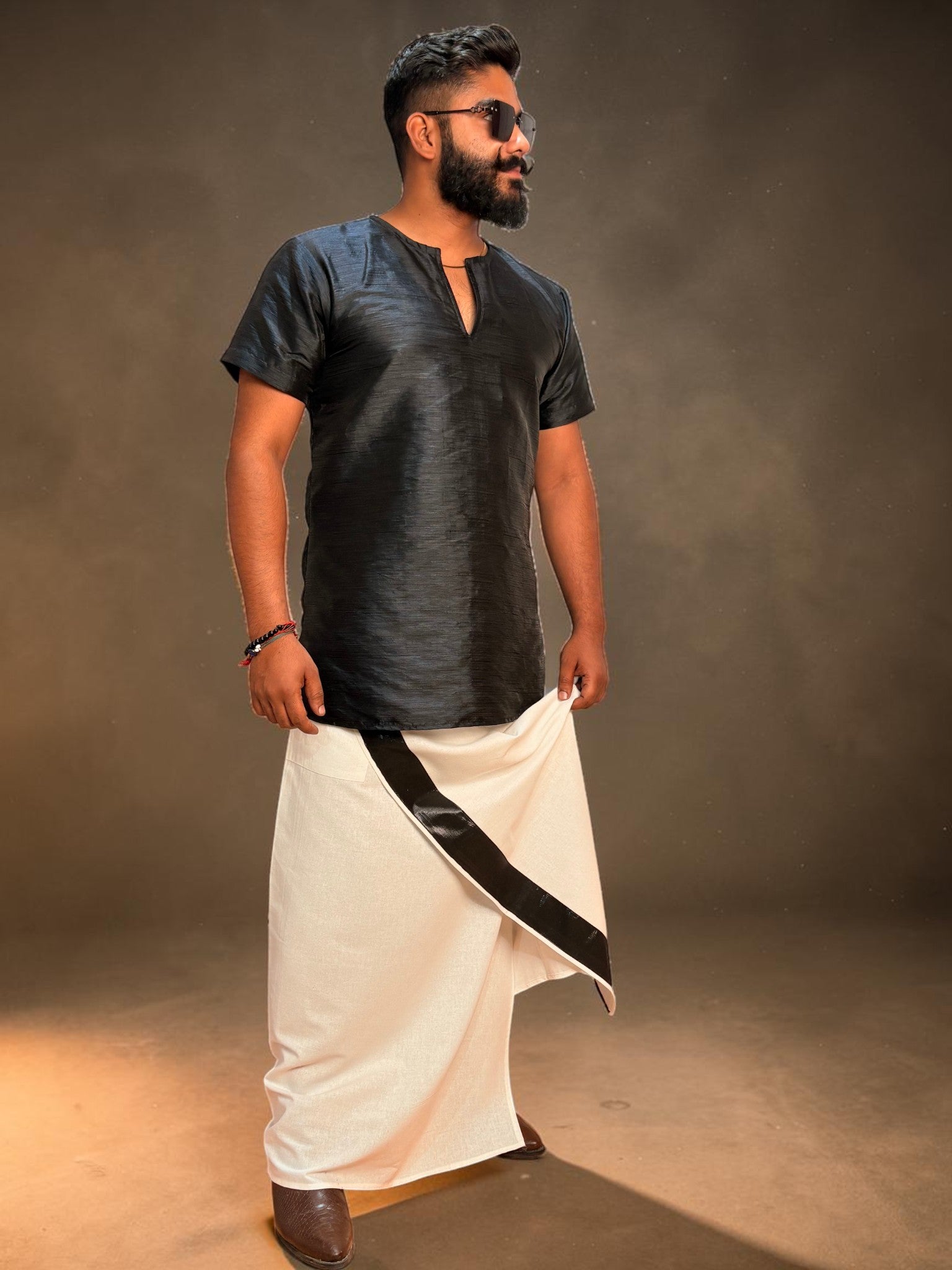 Men Black Colour Mulberry Silk Kurta.