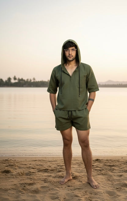 Olive Green Half Sleeve Beach Hoodie Co-ord Set for Men – Limited Edition