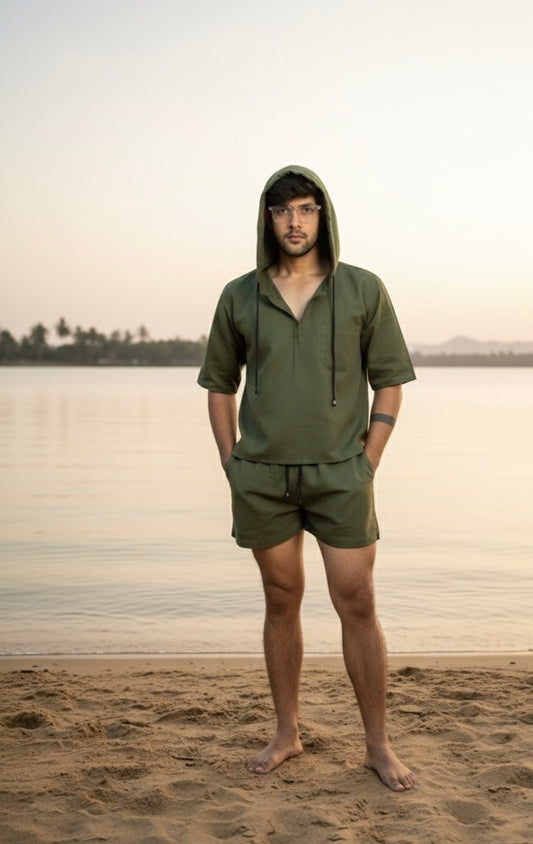Olive Green Half Sleeve Beach Hoodie Co-ord Set for Men – Limited Edition