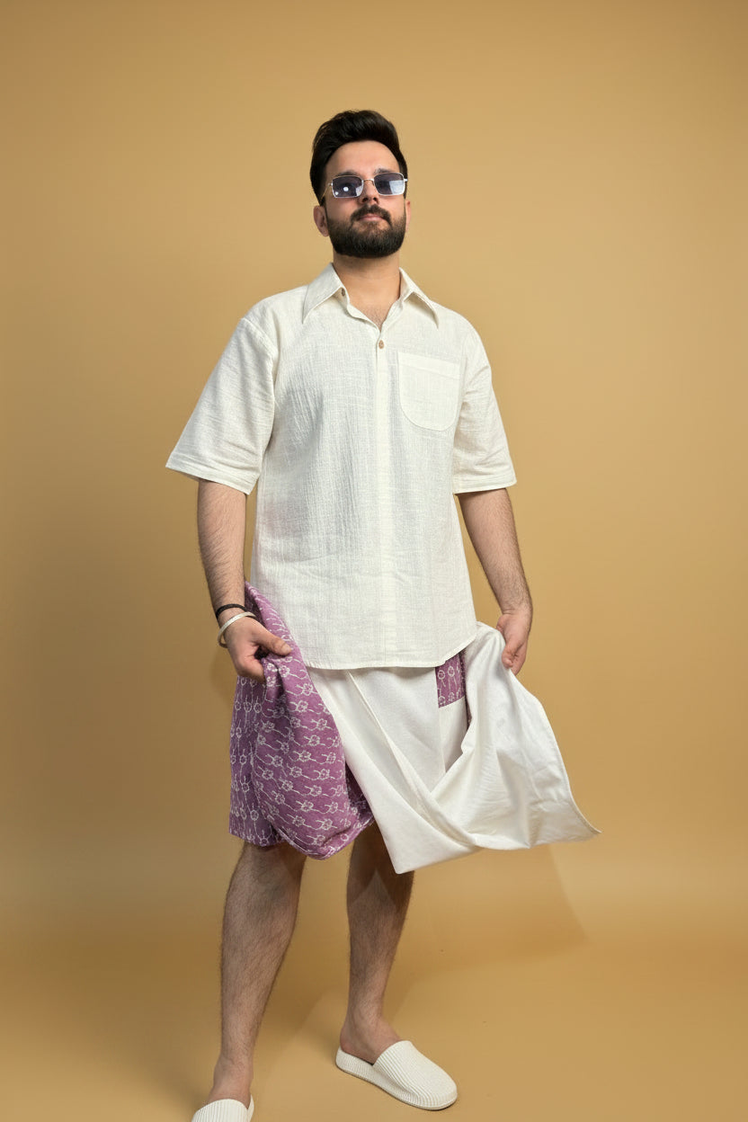 Men White Color  Pajamalungi With Purple Embroidery Panel