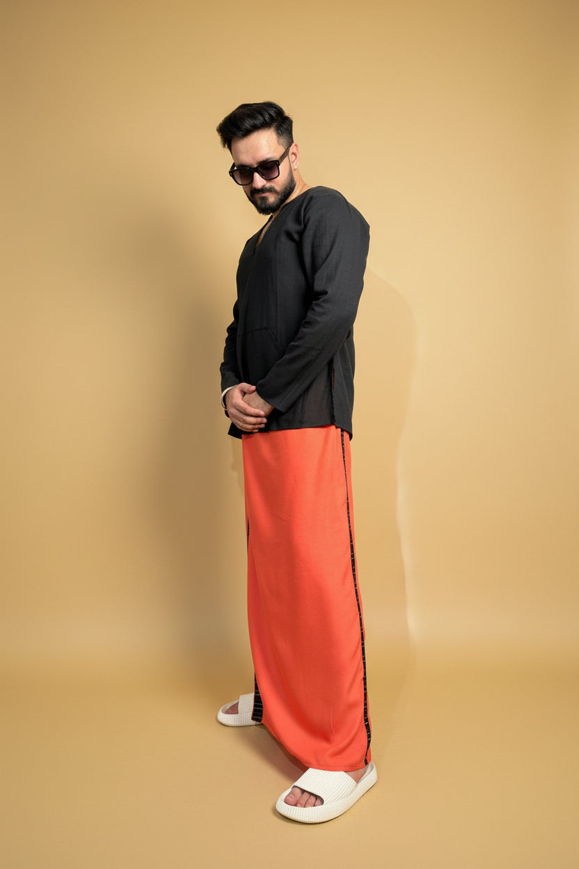 Men Coral Pink Color Pajamalungi With Black Stripe Panel