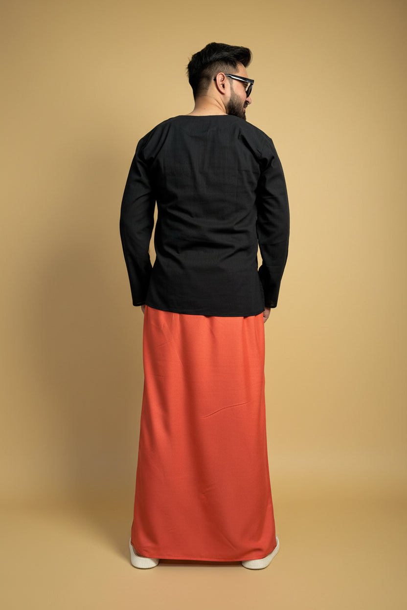Men Coral Pink Color Pajamalungi With Black Stripe Panel