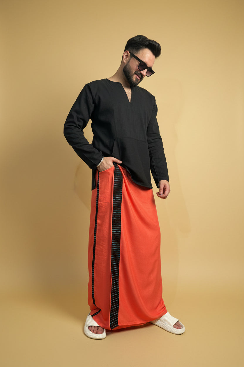 Men Coral Pink Color Pajamalungi With Black Stripe Panel