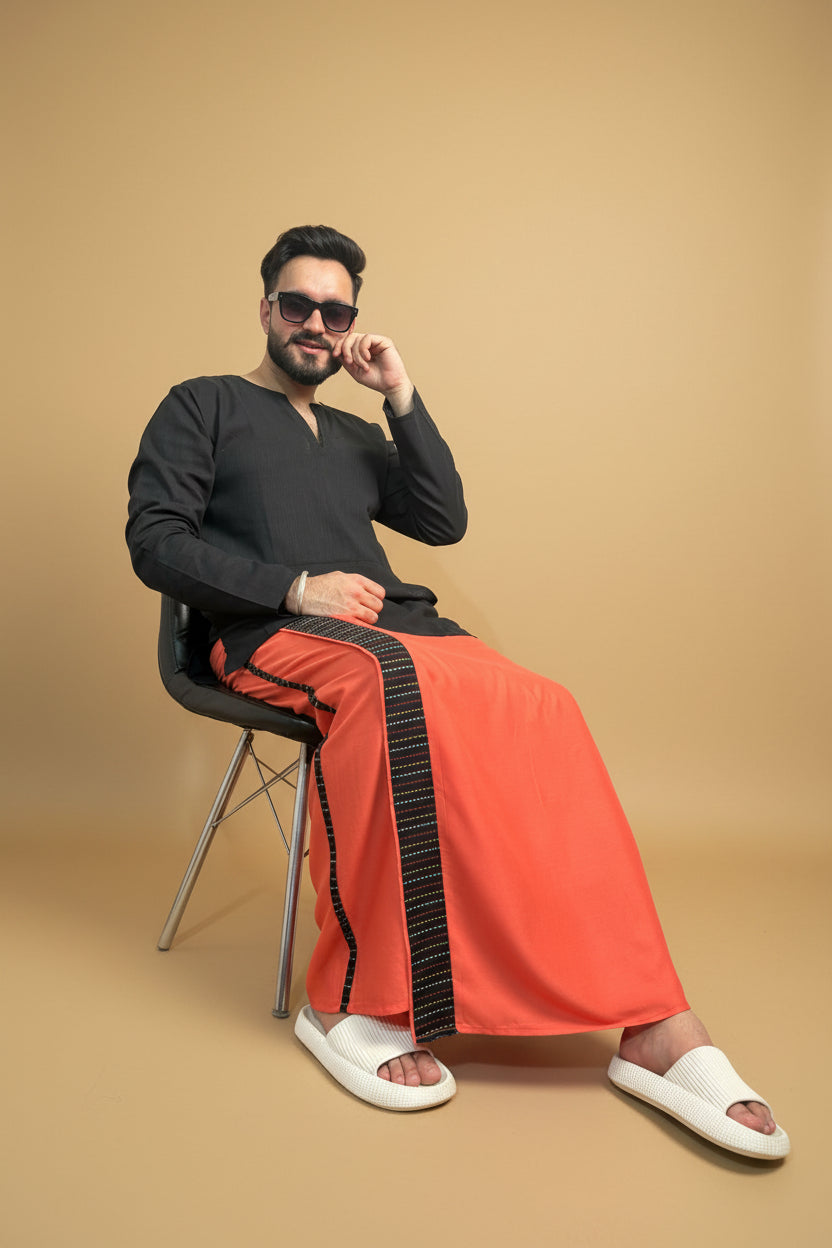 Men Coral Pink Color Pajamalungi With Black Stripe Panel