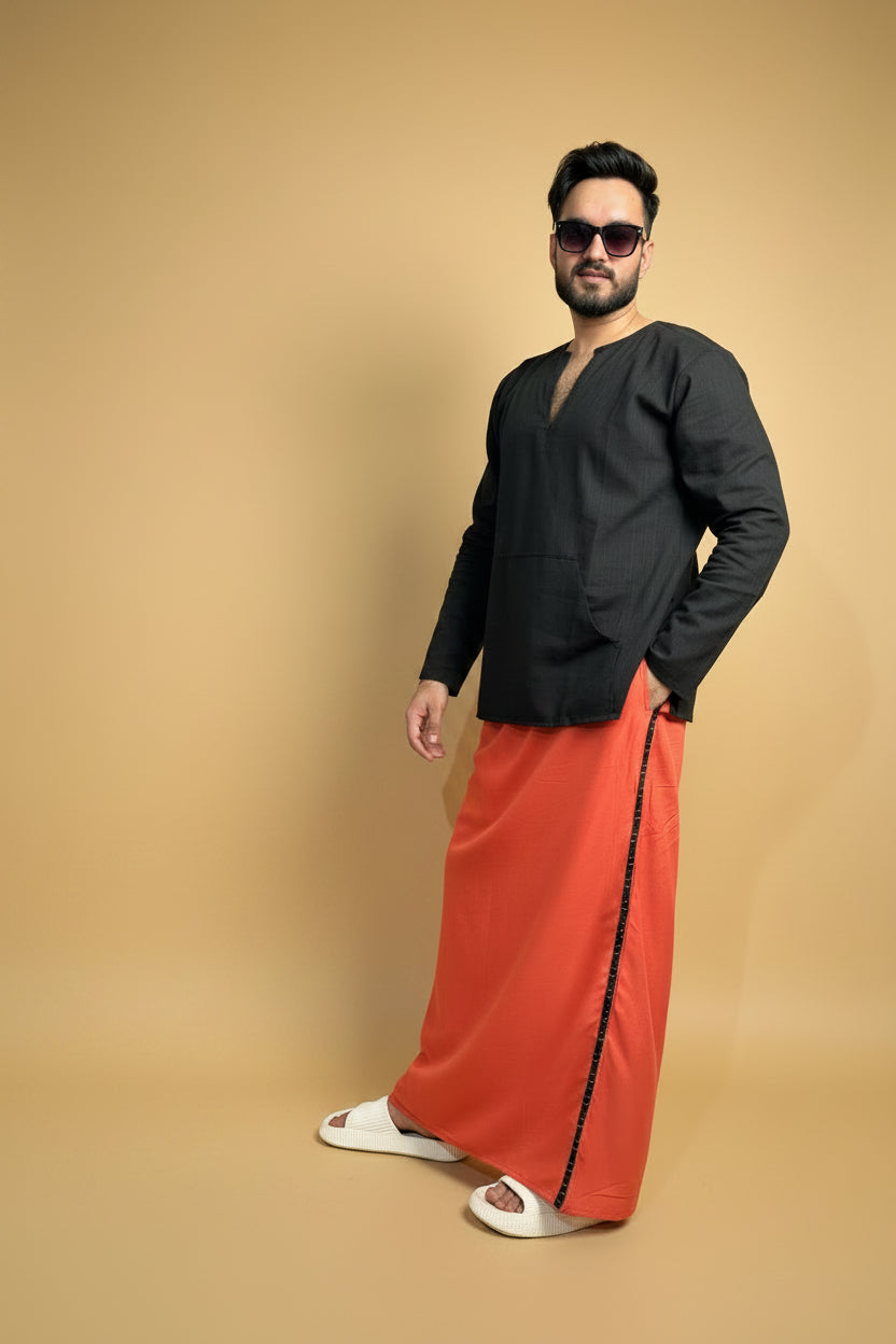 Men Coral Pink Color Pajamalungi With Black Stripe Panel