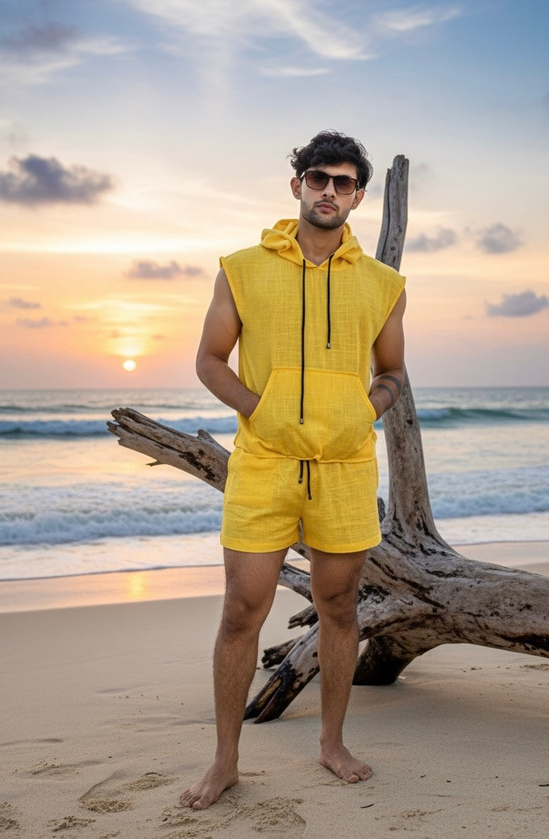 Yellow Sleeveless Beach Hoodie Co-ord Set for Men – Limited Edition