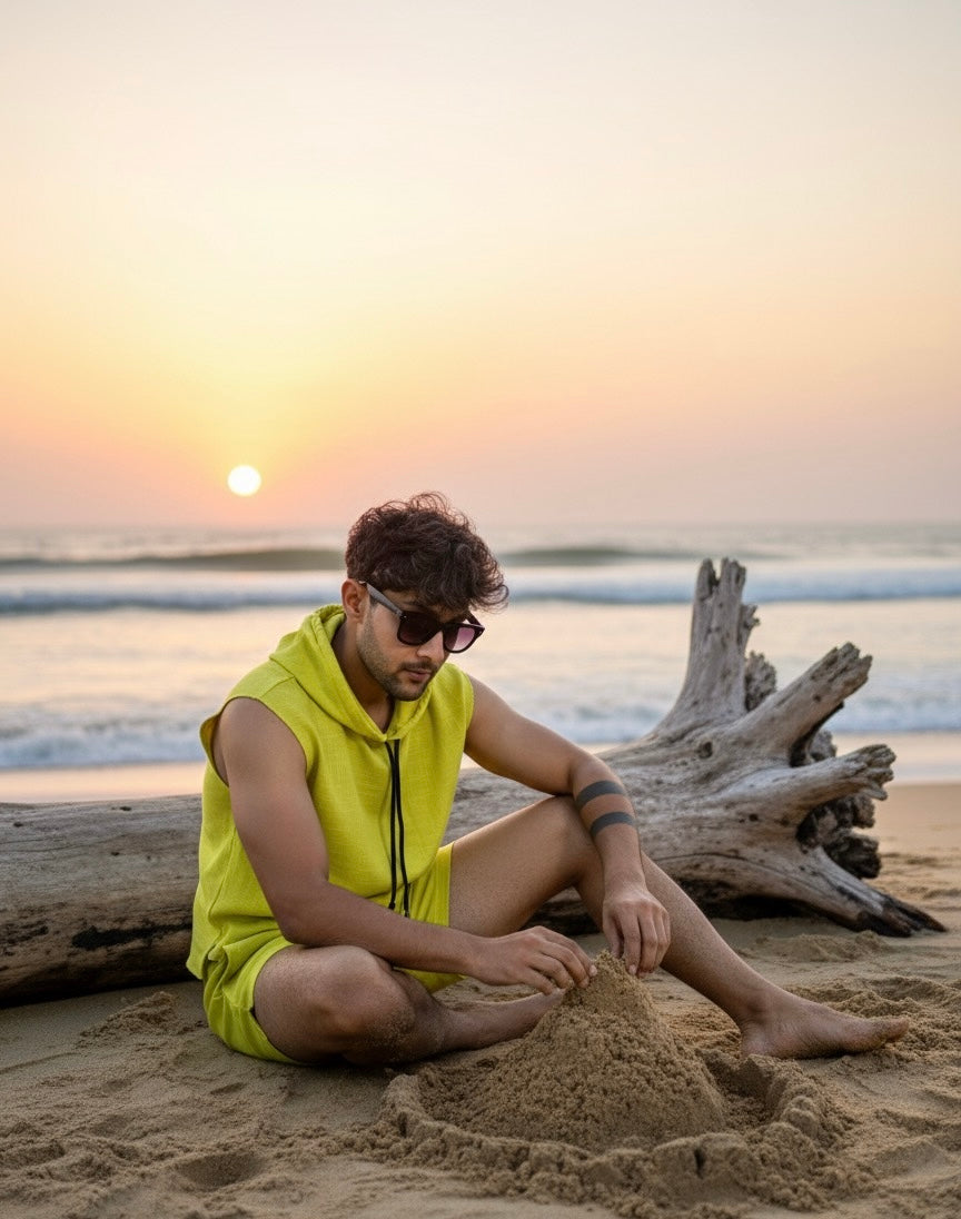 Cotton Sleeveless hooded Cord Beach Set for Men