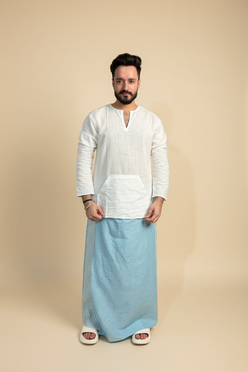 Men Blue Color Pajamalungi With Blue Stripe Panel