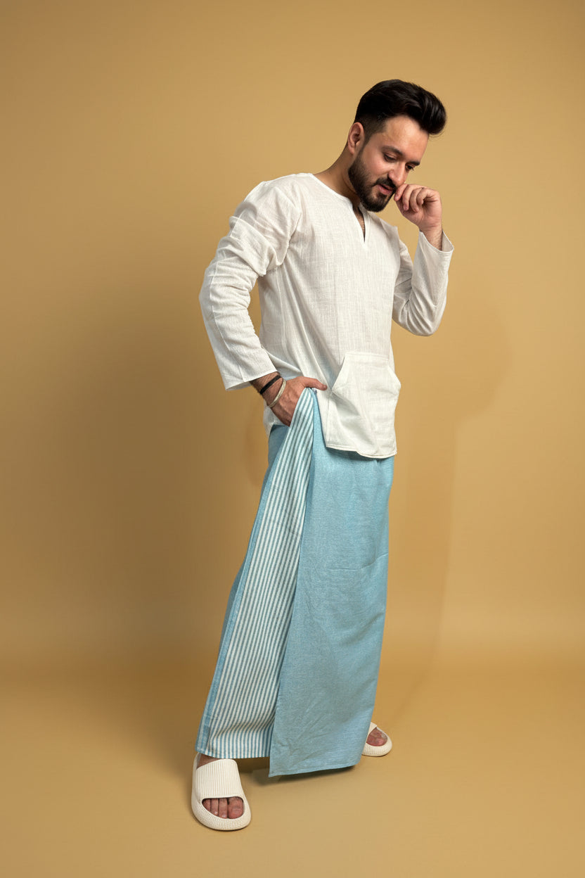 Men Blue Color Pajamalungi With Blue Stripe Panel