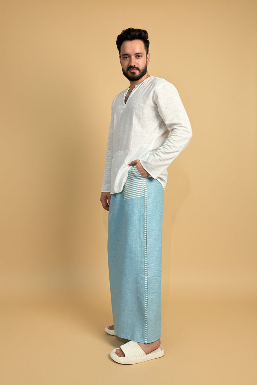 Men Blue Color Pajamalungi With Blue Stripe Panel