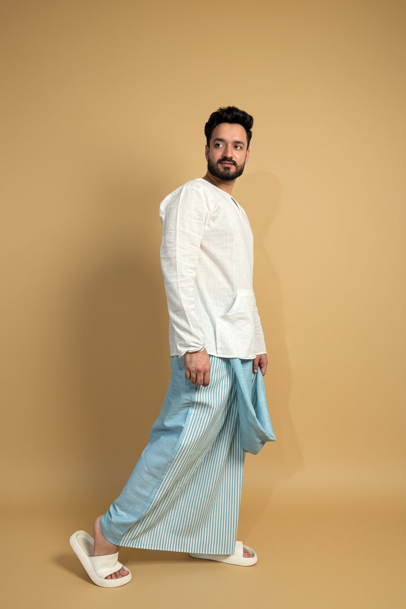Men Blue Color Pajamalungi With Blue Stripe Panel