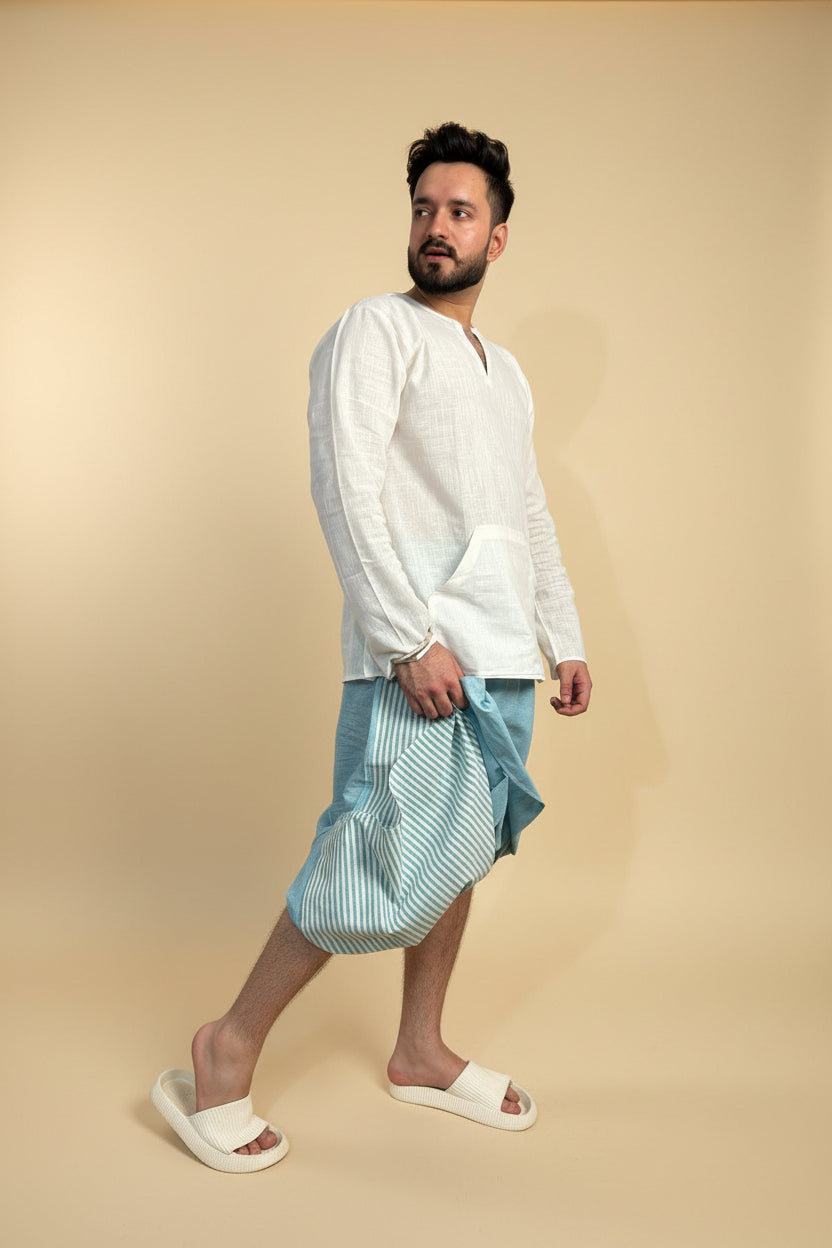 Men Blue Color Pajamalungi With Blue Stripe Panel