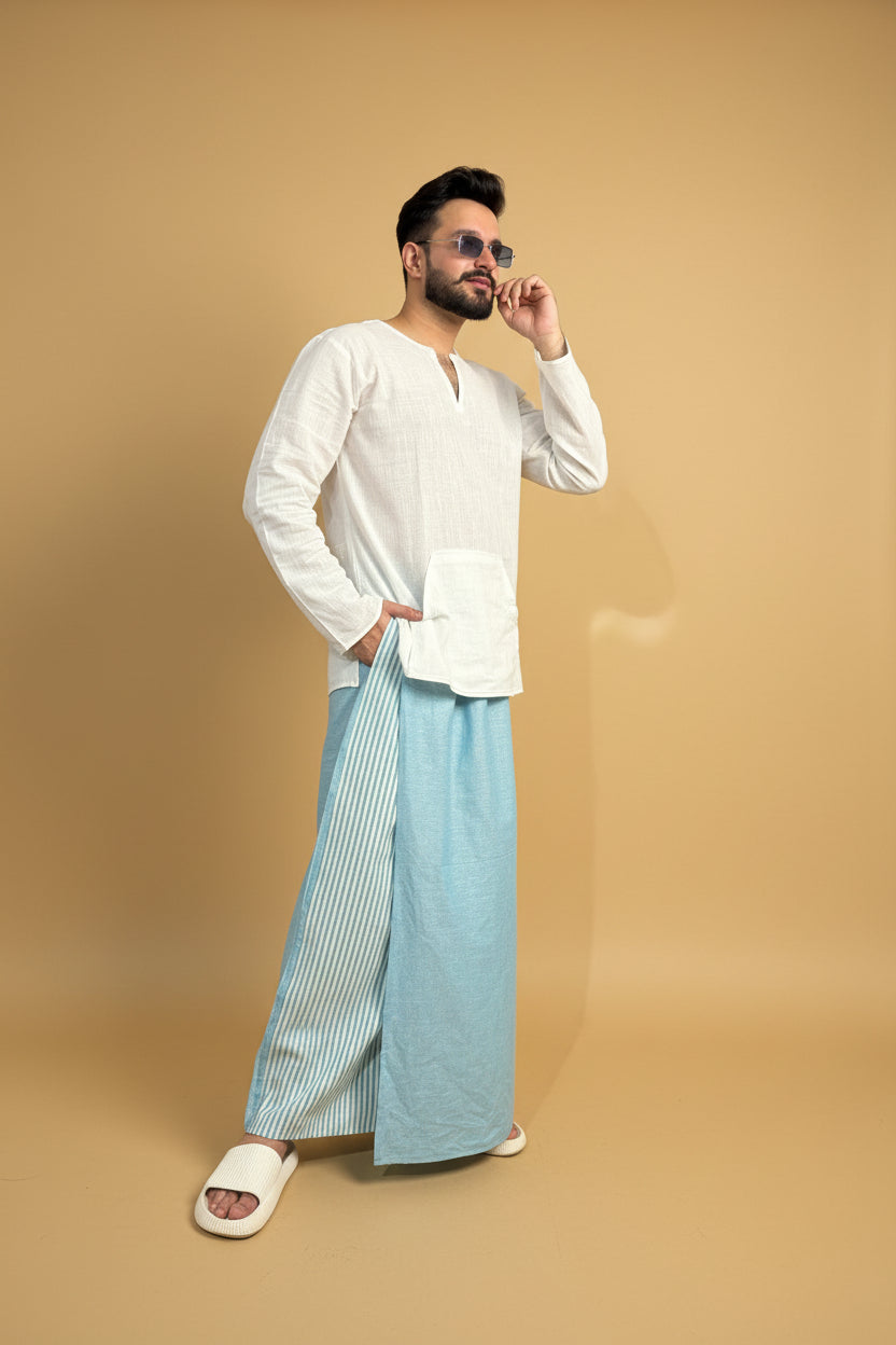 Men Blue Color Pajamalungi With Blue Stripe Panel