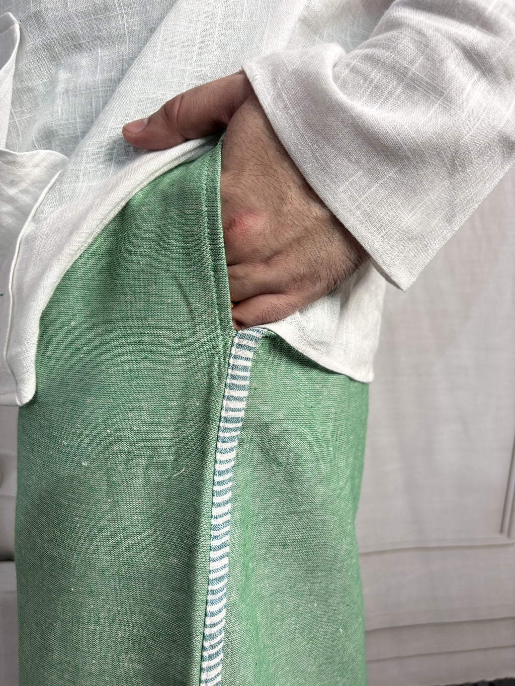 Men Green Color Pajamalungi With Green Stripe Panel