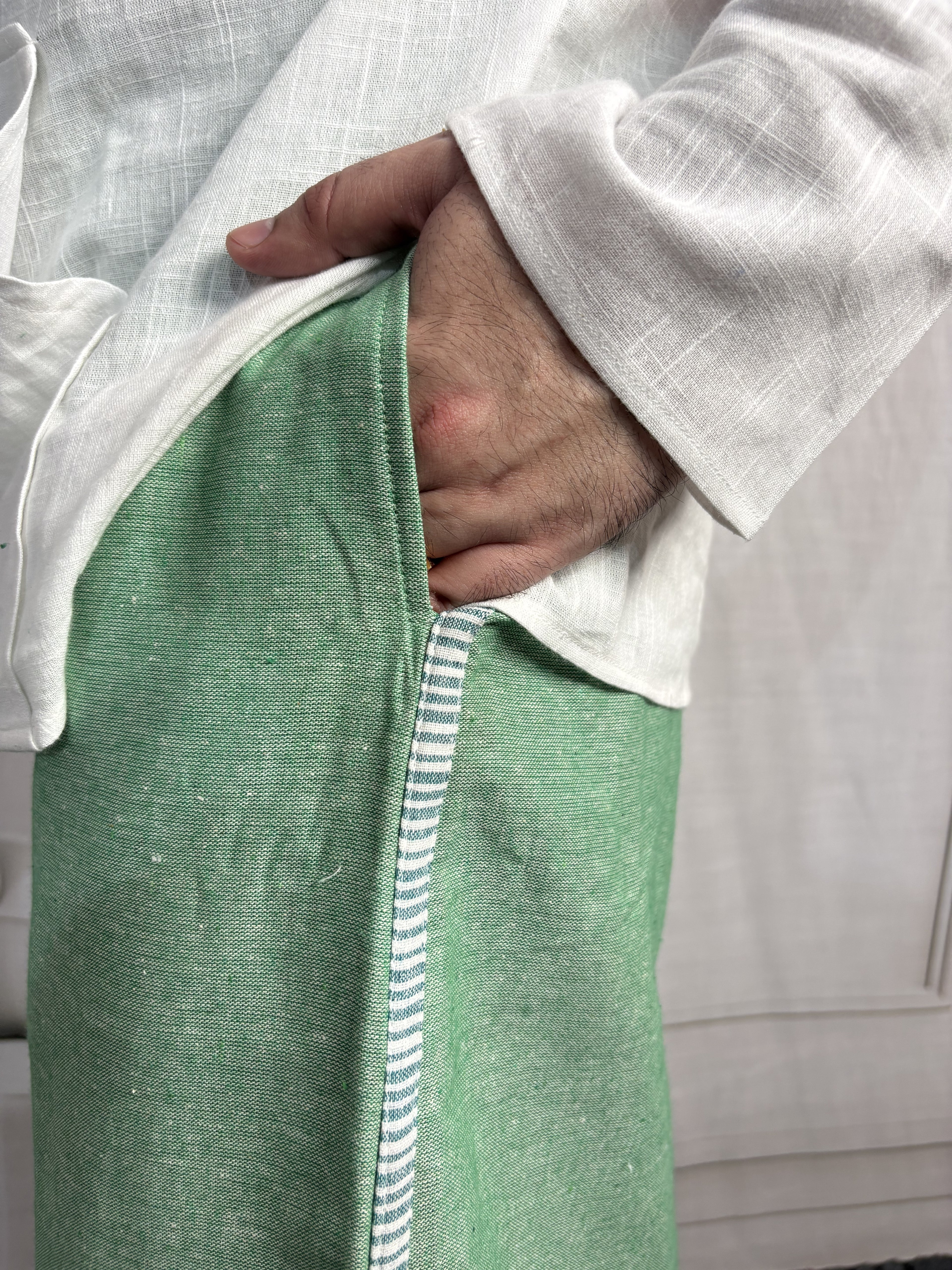 Men Green Color Pajamalungi With Green Stripe Panel