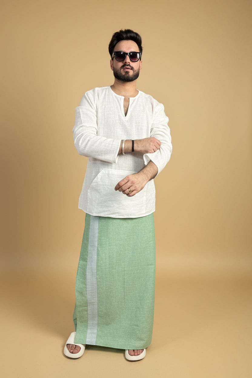 Men Green Color Pajamalungi With Green Stripe Panel