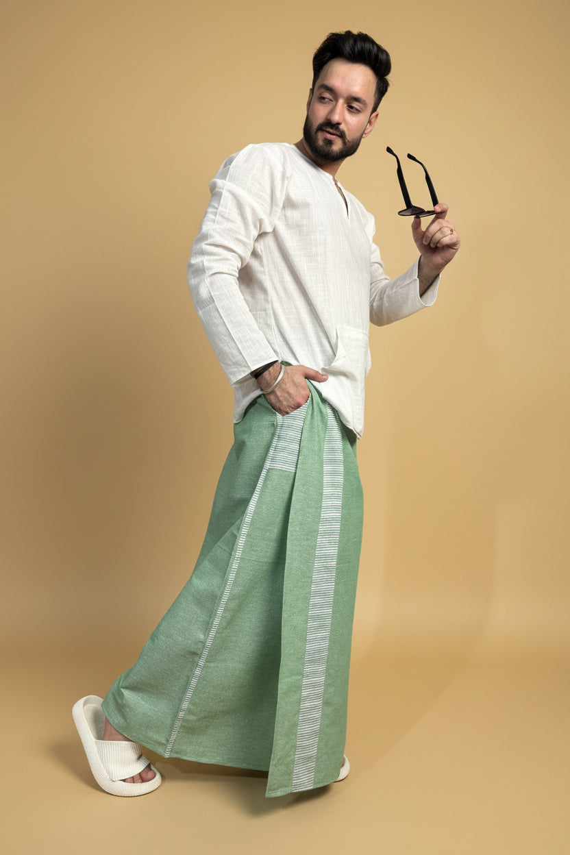 Men Green Color Pajamalungi With Green Stripe Panel