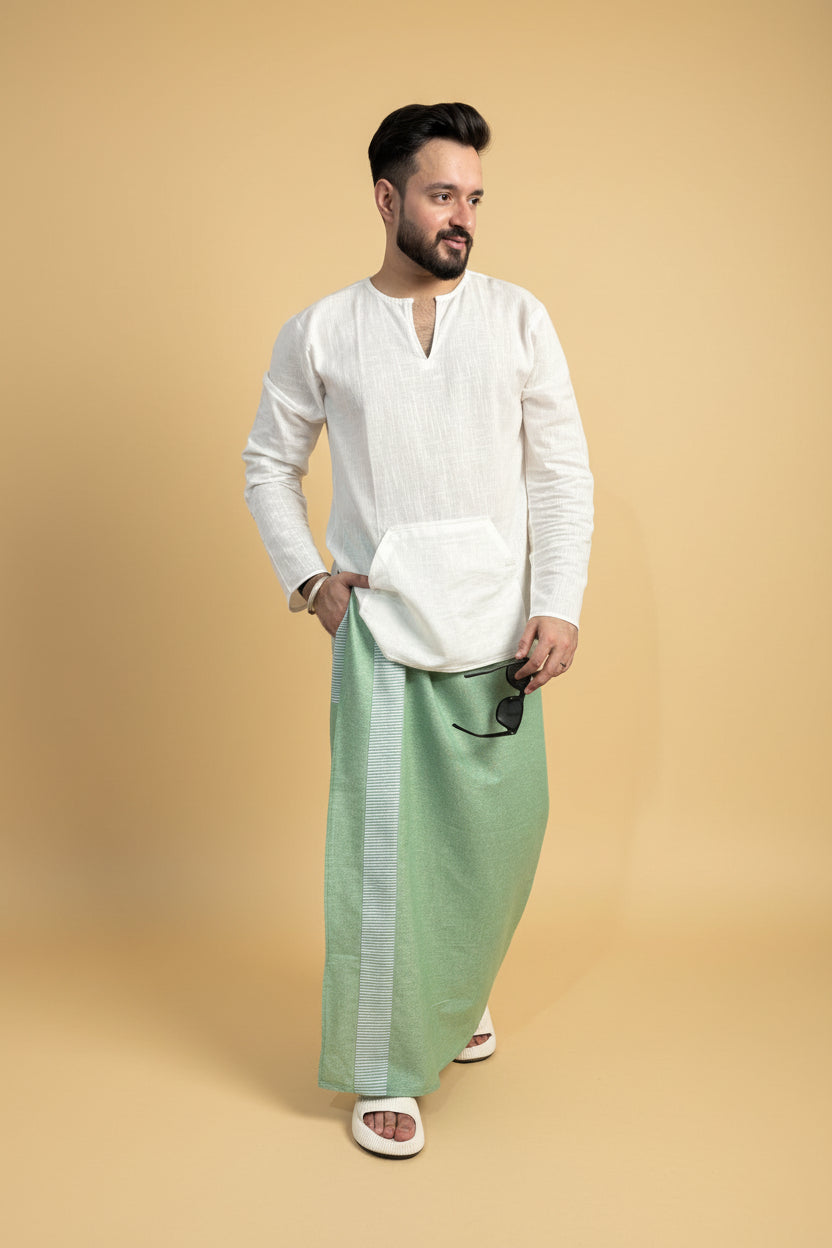 Men Green Color Pajamalungi With Green Stripe Panel