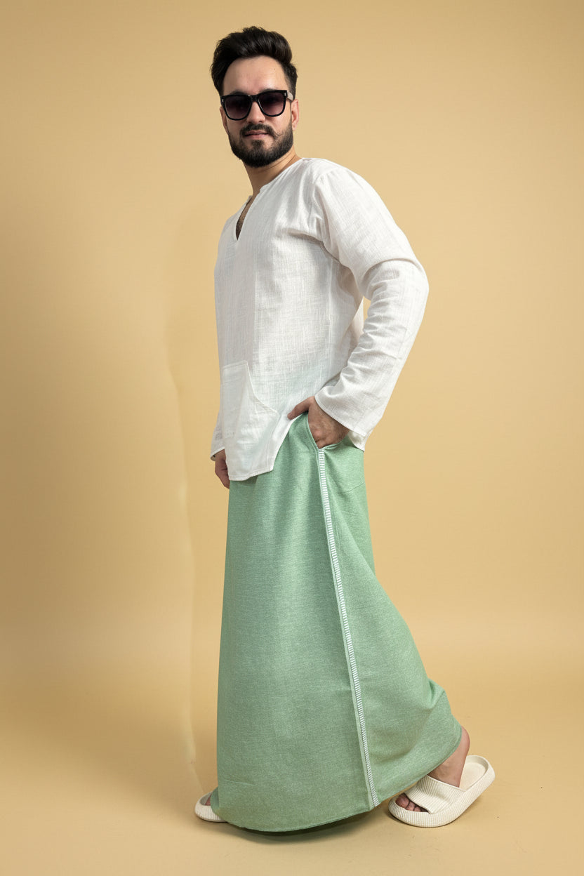 Men Green Color Pajamalungi With Green Stripe Panel