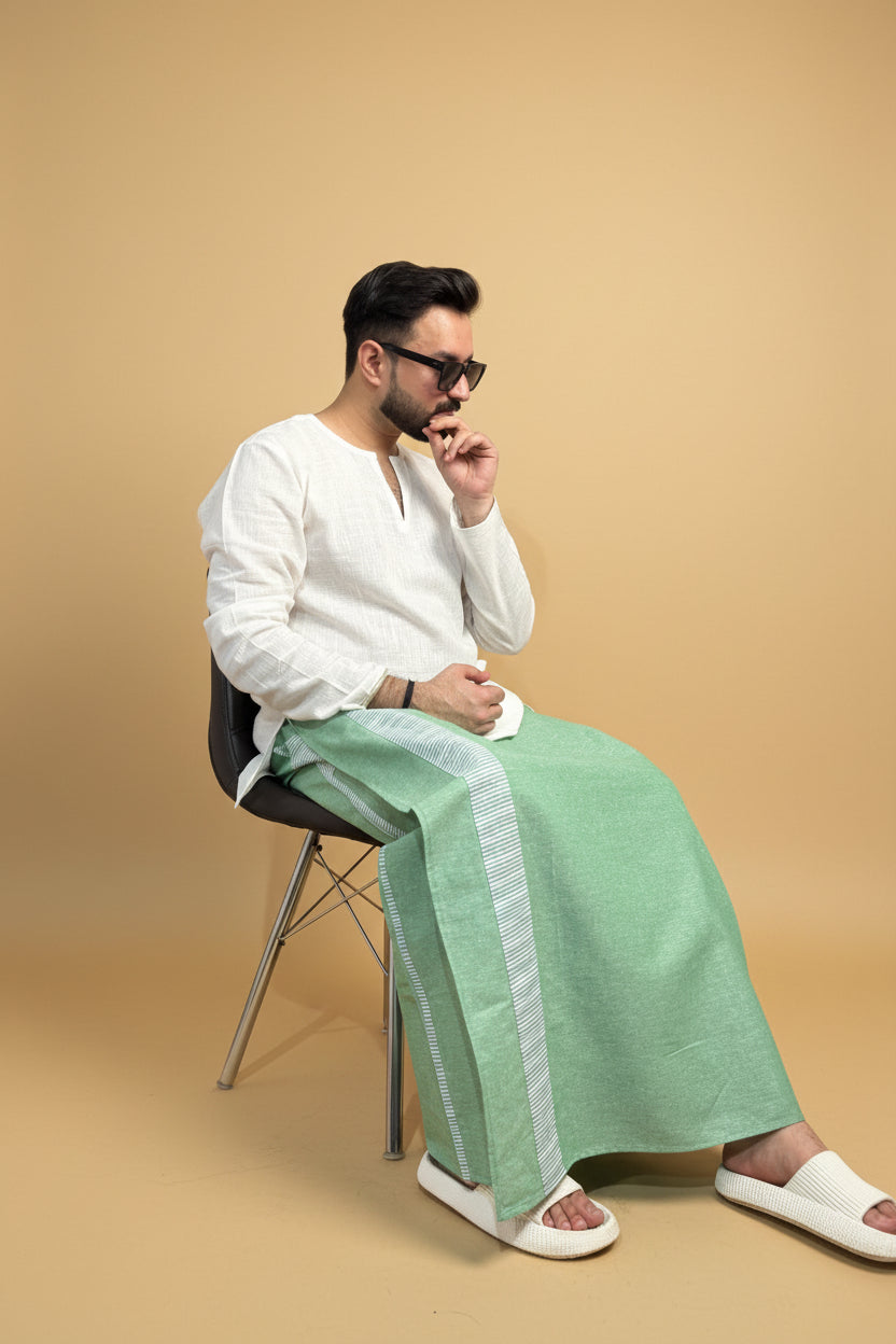 Men Green Color Pajamalungi With Green Stripe Panel