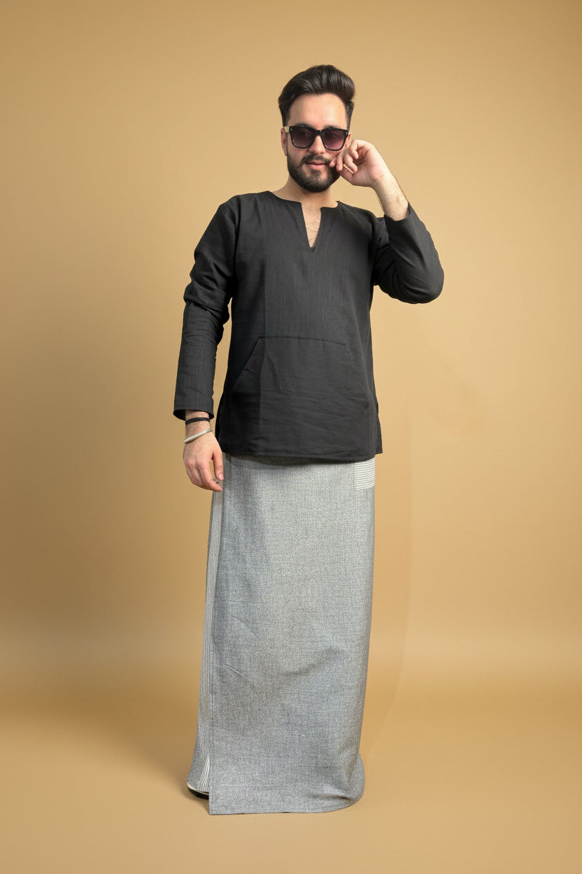Men Grey Color  Pajamalungi With Stripe Panel