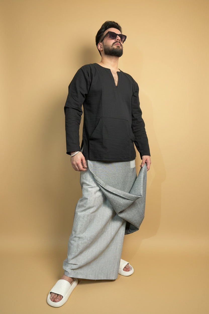 Men Grey Color  Pajamalungi With Stripe Panel