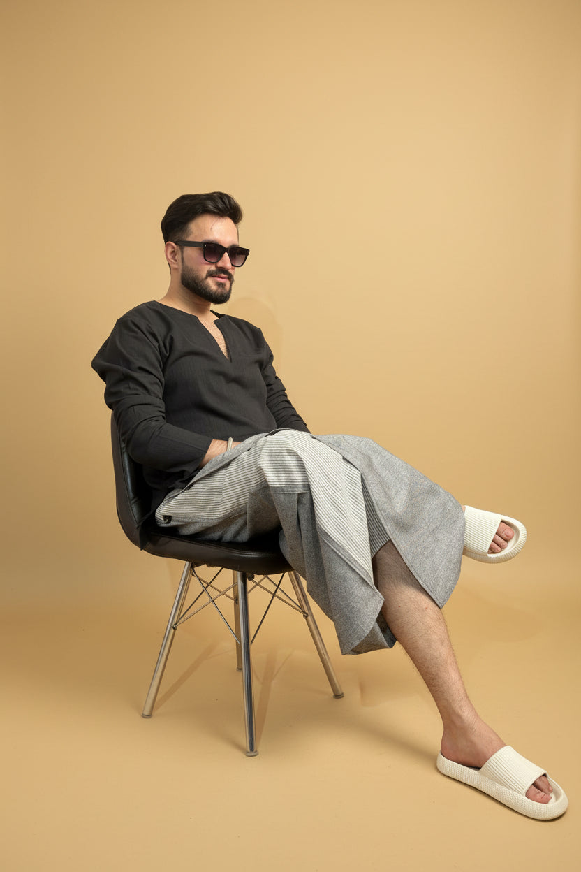 Men Grey Color  Pajamalungi With Stripe Panel