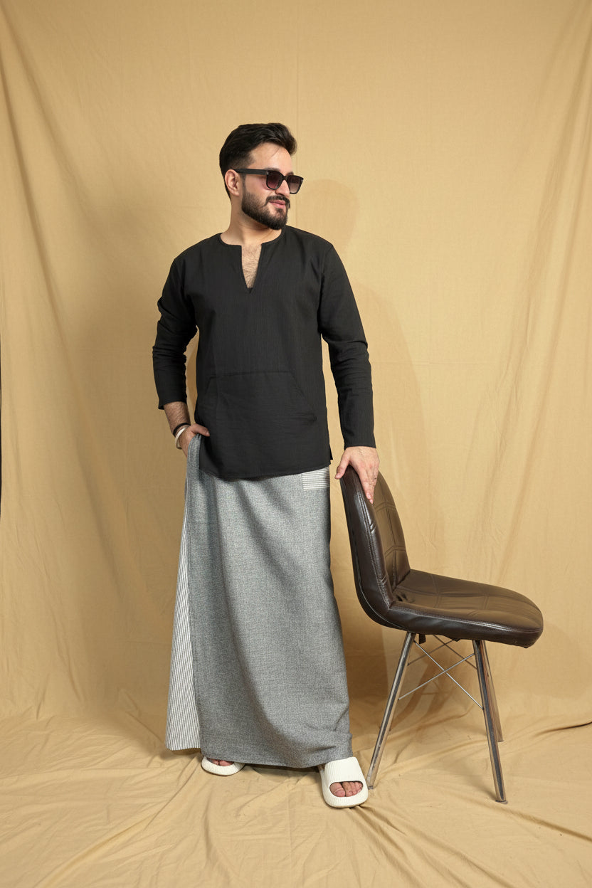 Men Grey Color  Pajamalungi With Stripe Panel