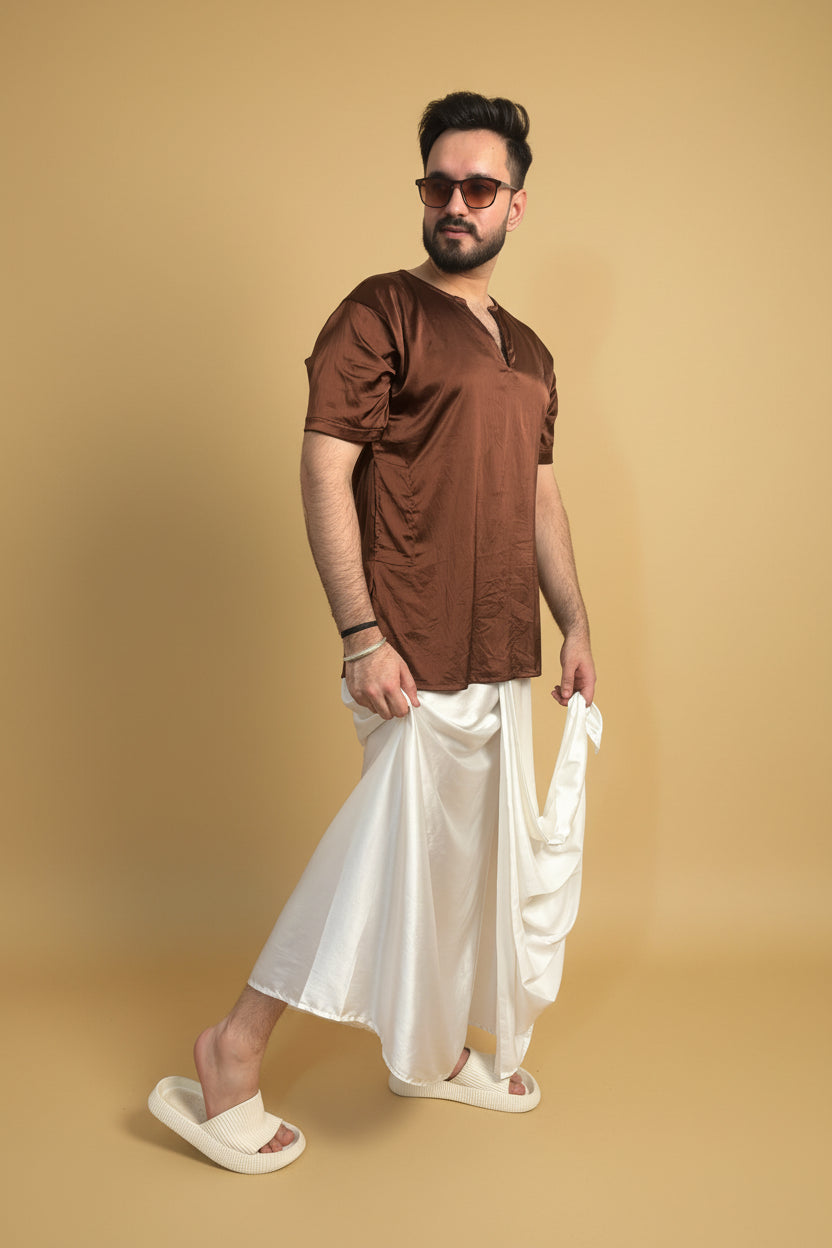 Men White Color Pleated Satin Silk Pajamalungi