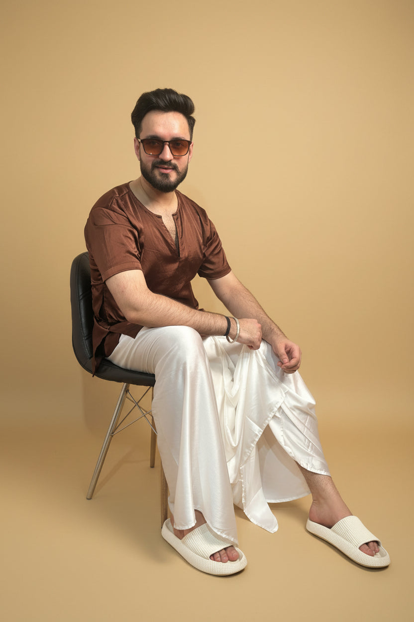 Men White Color Pleated Satin Silk Pajamalungi