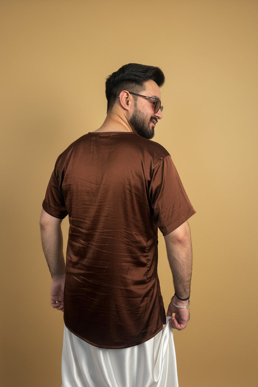 Men Brown Colour Satin Silk Kurta
