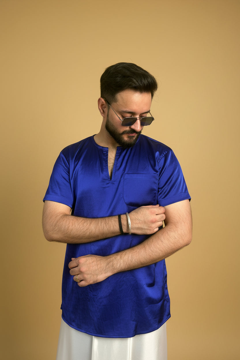 Men Royal Blue Colour Satin Silk Kurta