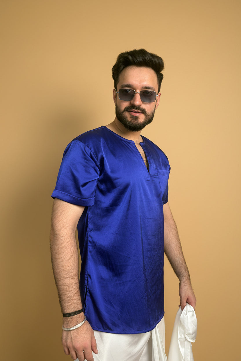 Men Royal Blue Colour Satin Silk Kurta