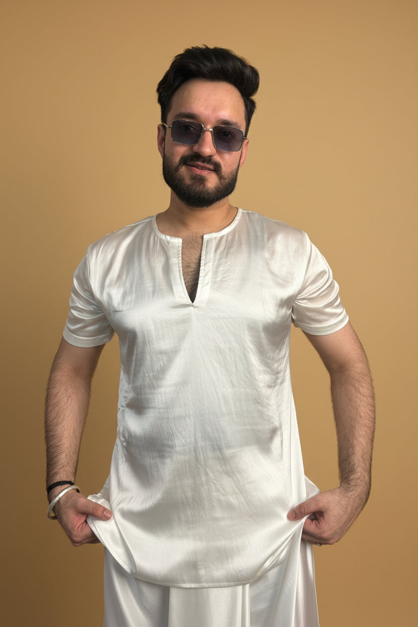 Men White Colour Satin Silk Kurta For Men