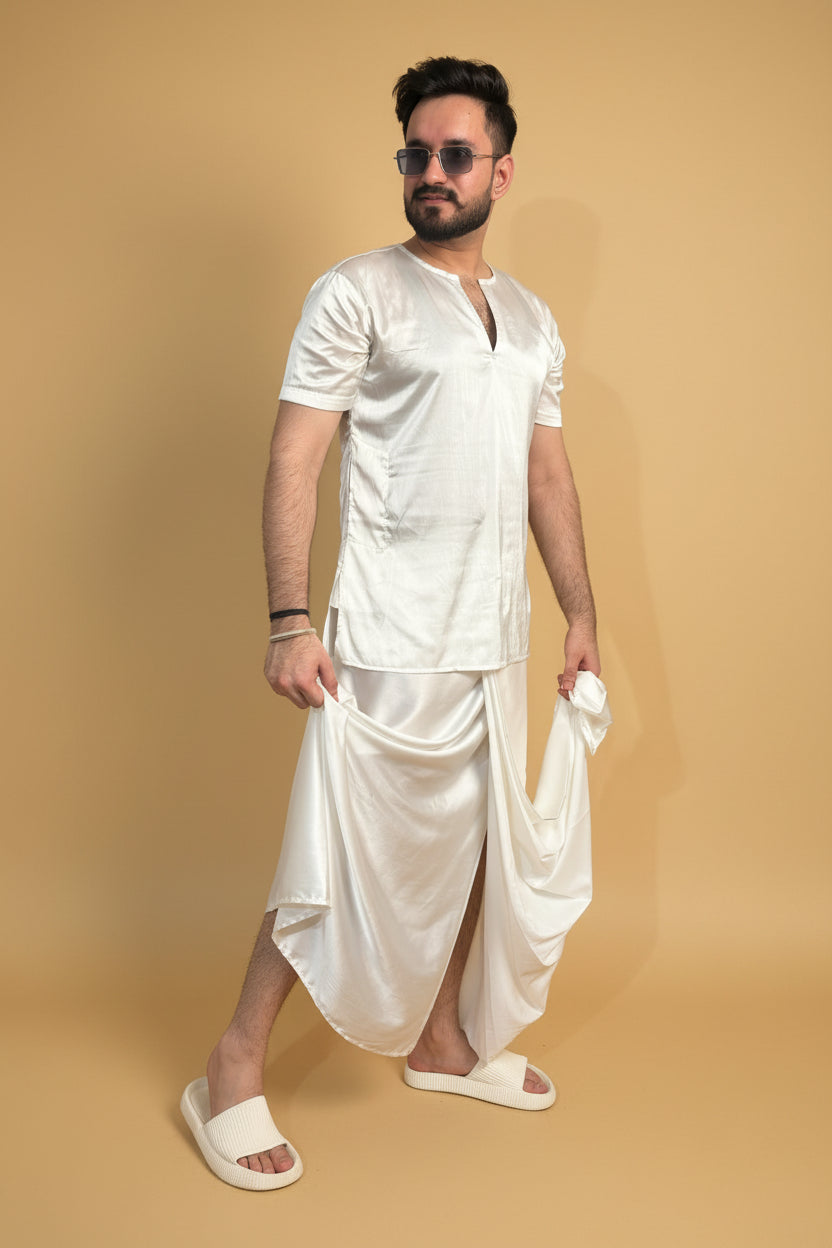 Men White Colour Satin Silk Kurta For Men