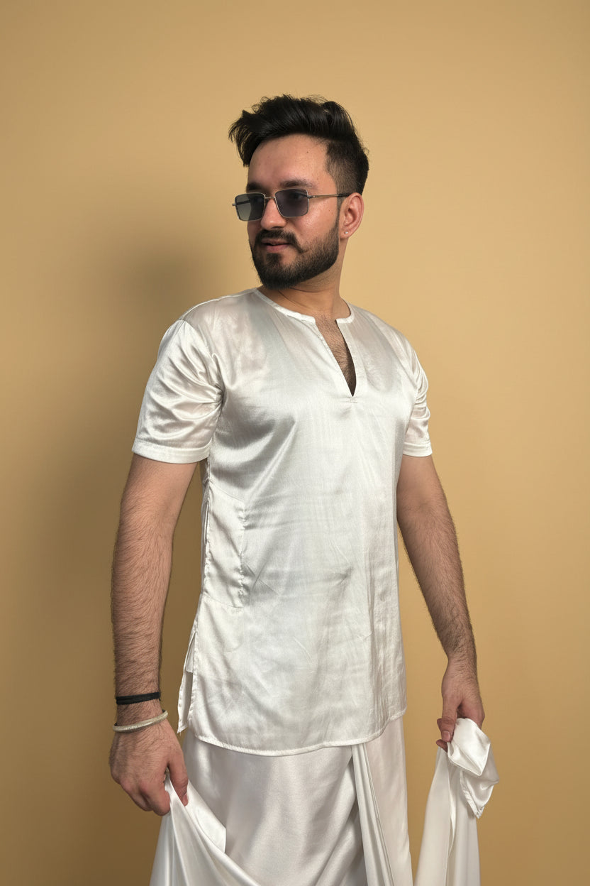 Men White Colour Satin Silk Kurta For Men