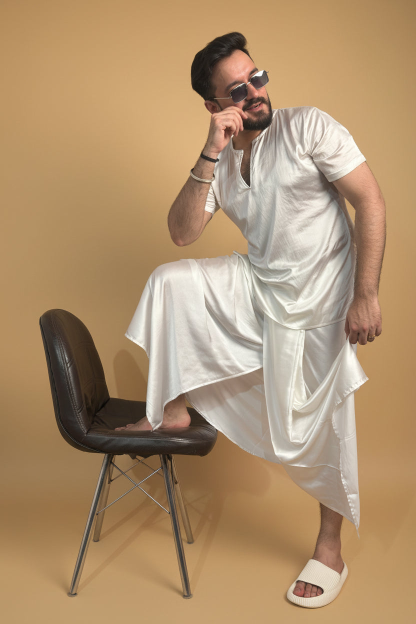 Men White Colour Satin Silk Kurta For Men