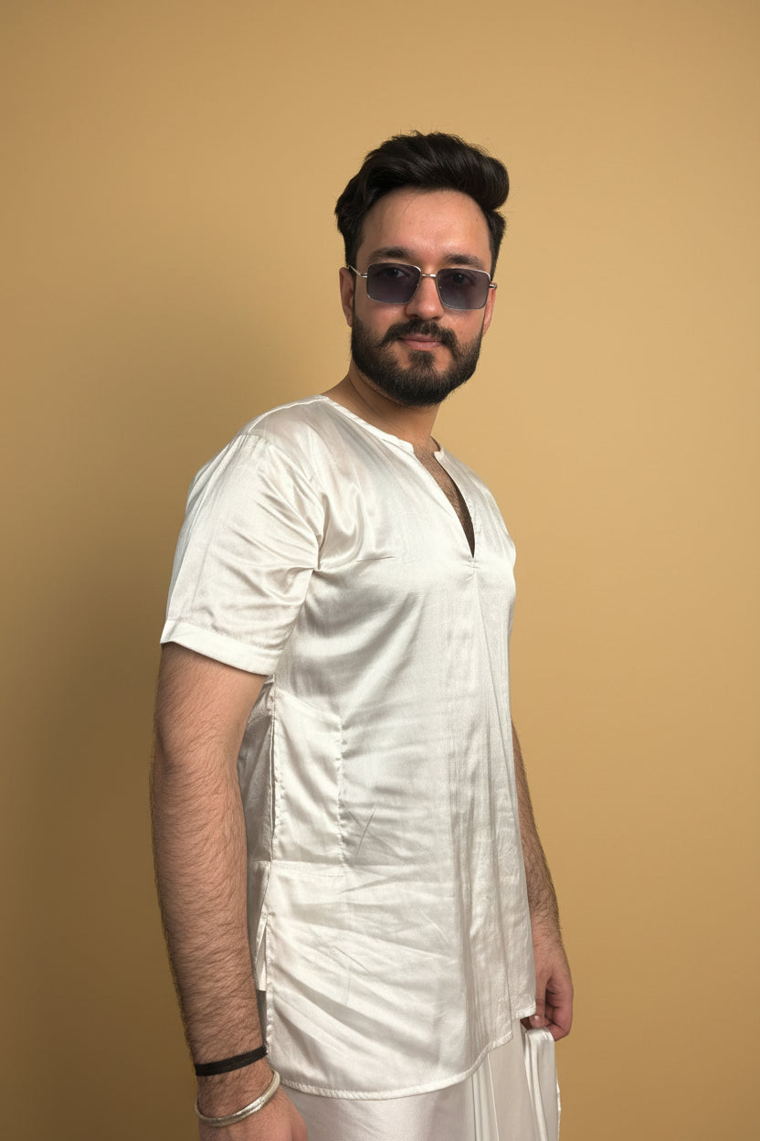 Men White Colour Satin Silk Kurta For Men