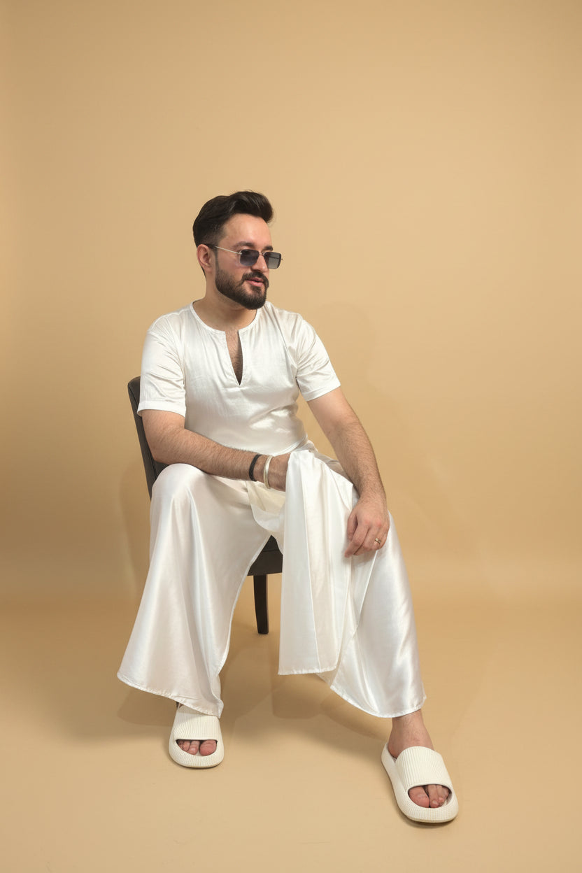 Men White Colour Satin Silk Kurta For Men