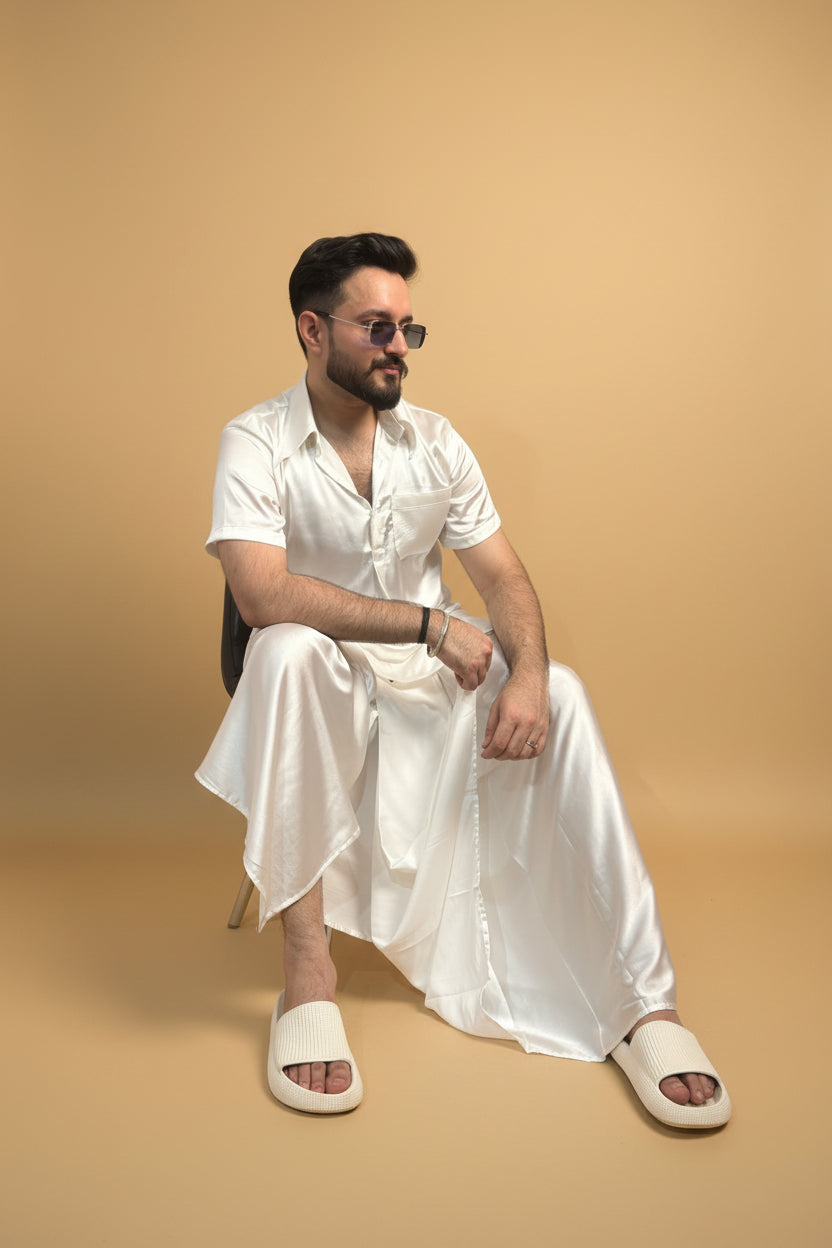 Men White Color Pleated Satin Silk Pajamalungi