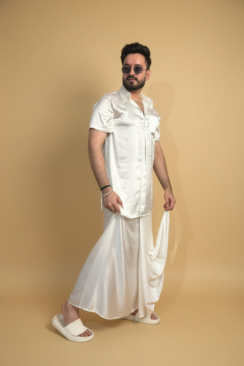 Men White Color Pleated Satin Silk Pajamalungi