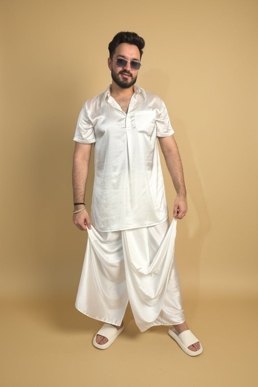 Men White Color Pleated Satin Silk Pajamalungi