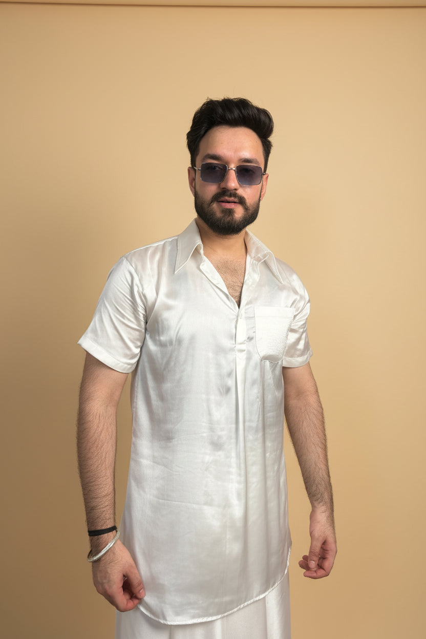 Men White Colour Satin Silk Collar Kurta