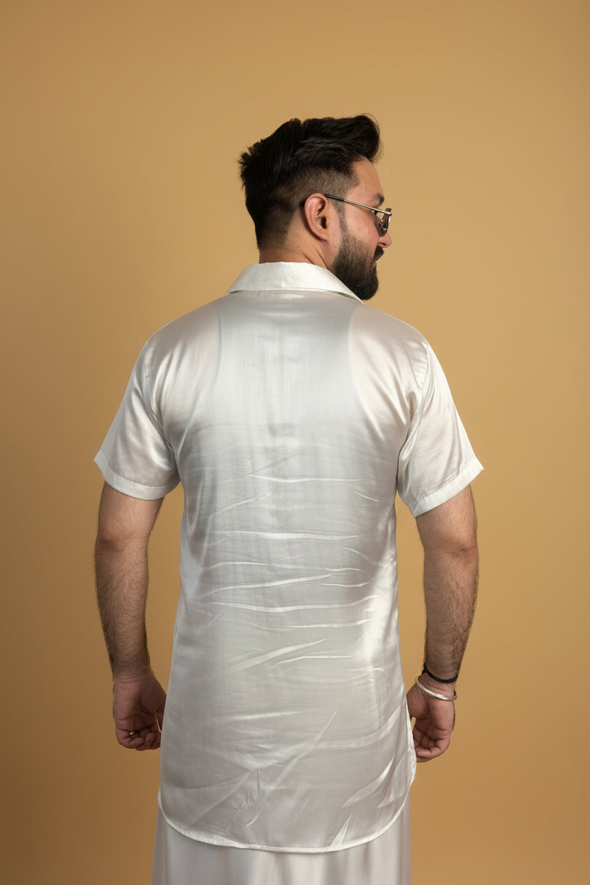 Men White Colour Satin Silk Collar Kurta