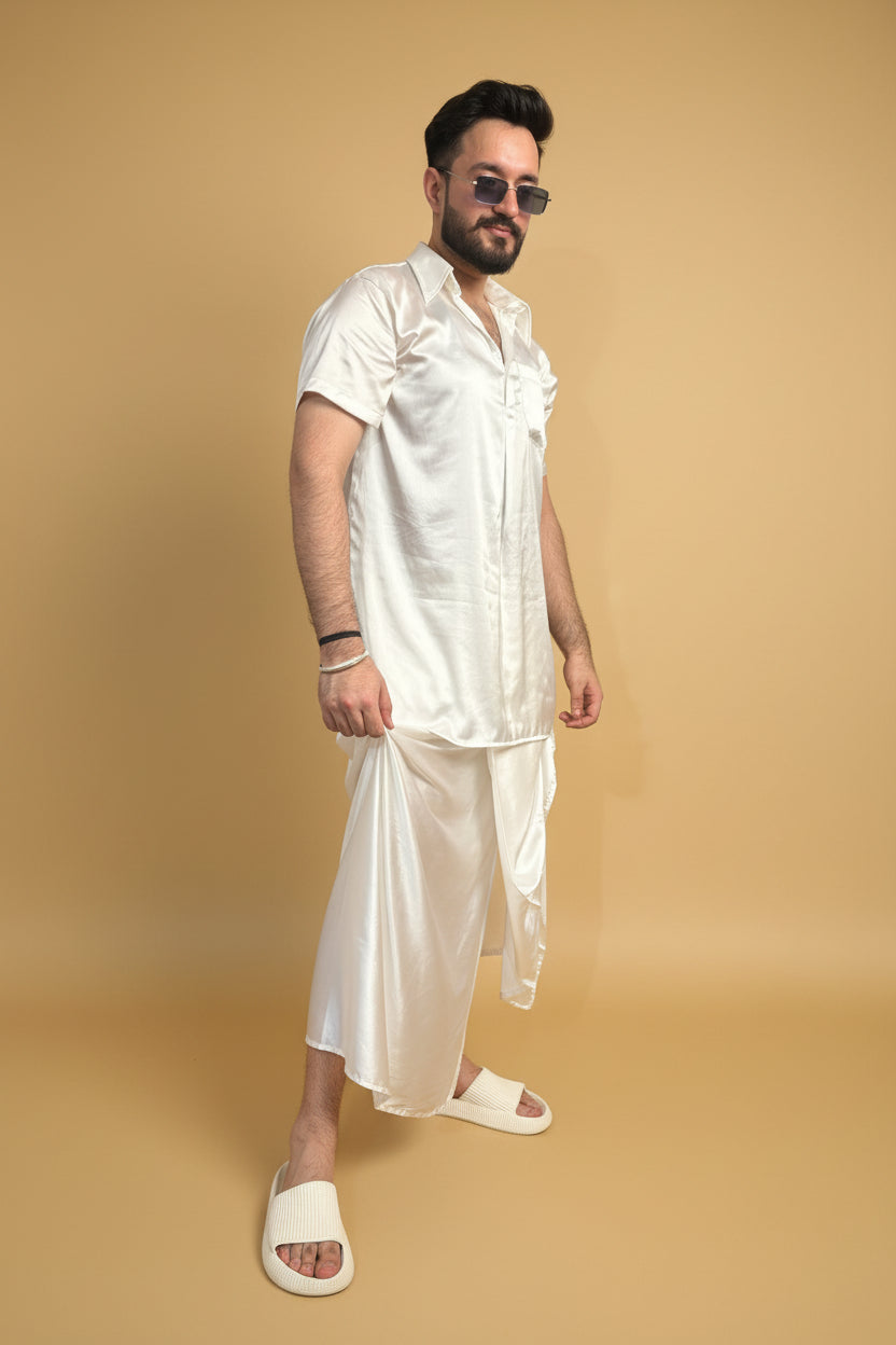 Men White Color Pleated Satin Silk Pajamalungi