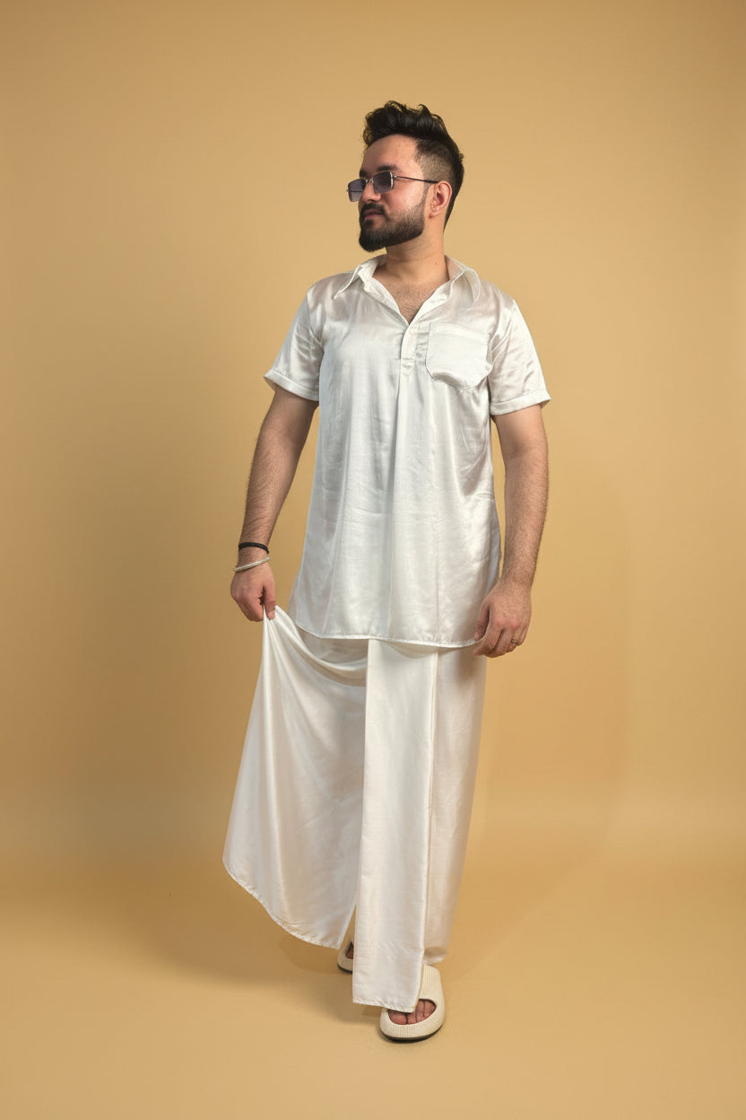 Men White Color Pleated Satin Silk Pajamalungi